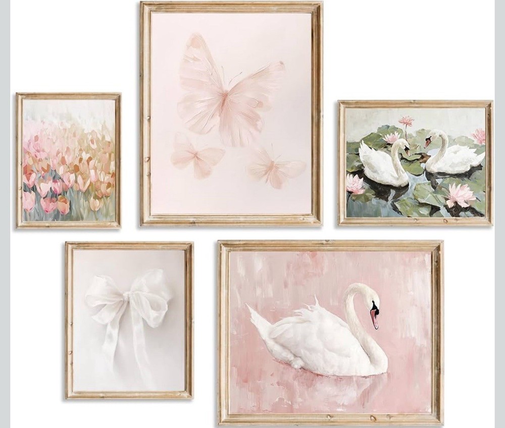 Coquette Pink Wall Art Decor Swan 6-8×10” Canvas, Pastel Prints No Frame No Box