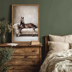 Framed Funny Horse Canvas Wall Art, Vintage Western Brown Horse On Sofa Pictures