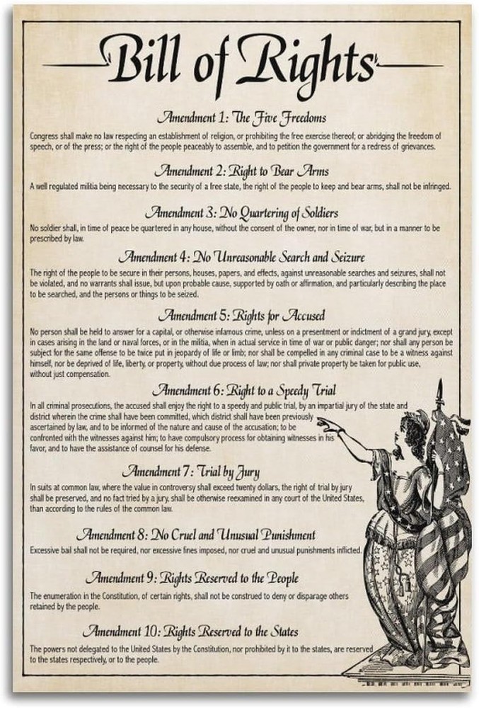 Bill of Rights Poster Historical Document Wall Art Vintage American Constitution