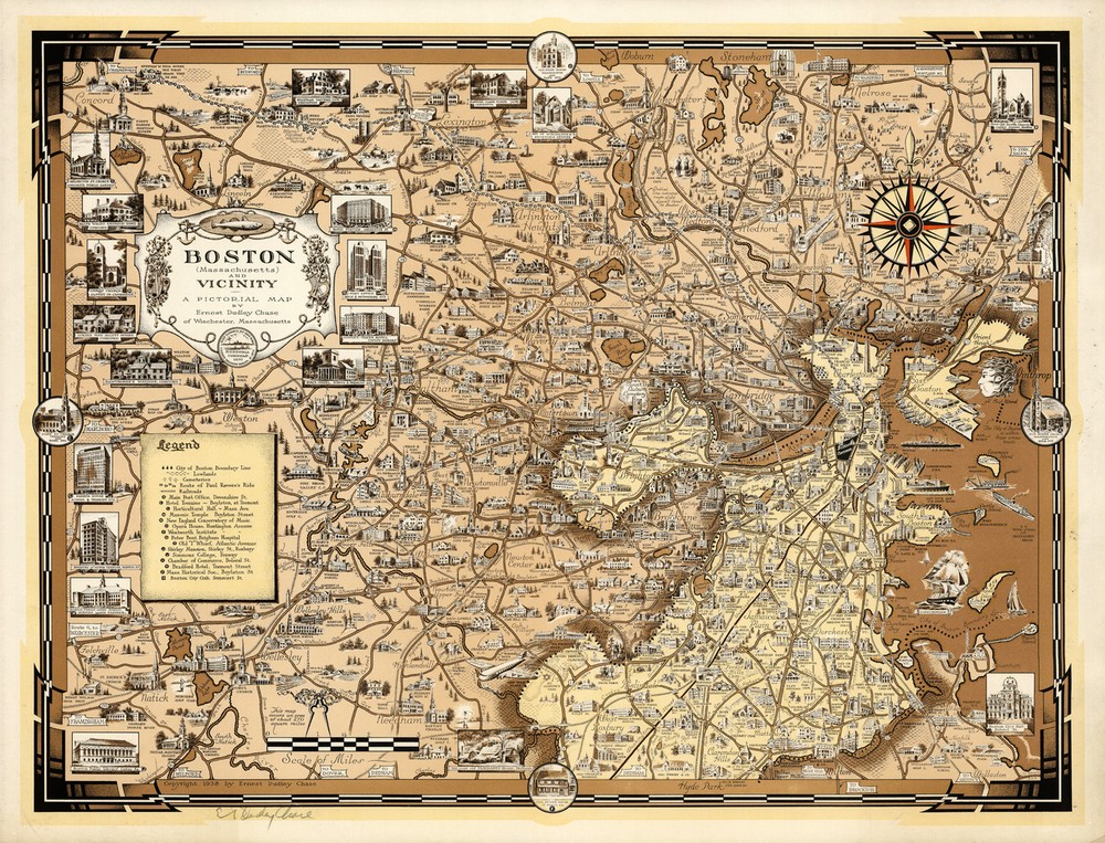 Early Pictorial Wall Map Boston Massachusetts and Vicinity Art Poster History