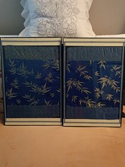 2pc Wallart 12×18 in Front Load Framed Japanese Bamboo silk & Greek Key Fabric