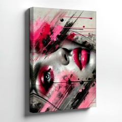 Wall Art Abstract Woman Face Canvas Print Pink Black Lips Modern Portrait Decor