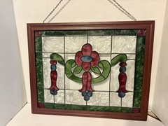 Vintage Stained Glass Framed Square Shape Floral Design 19.5” X 15.5”