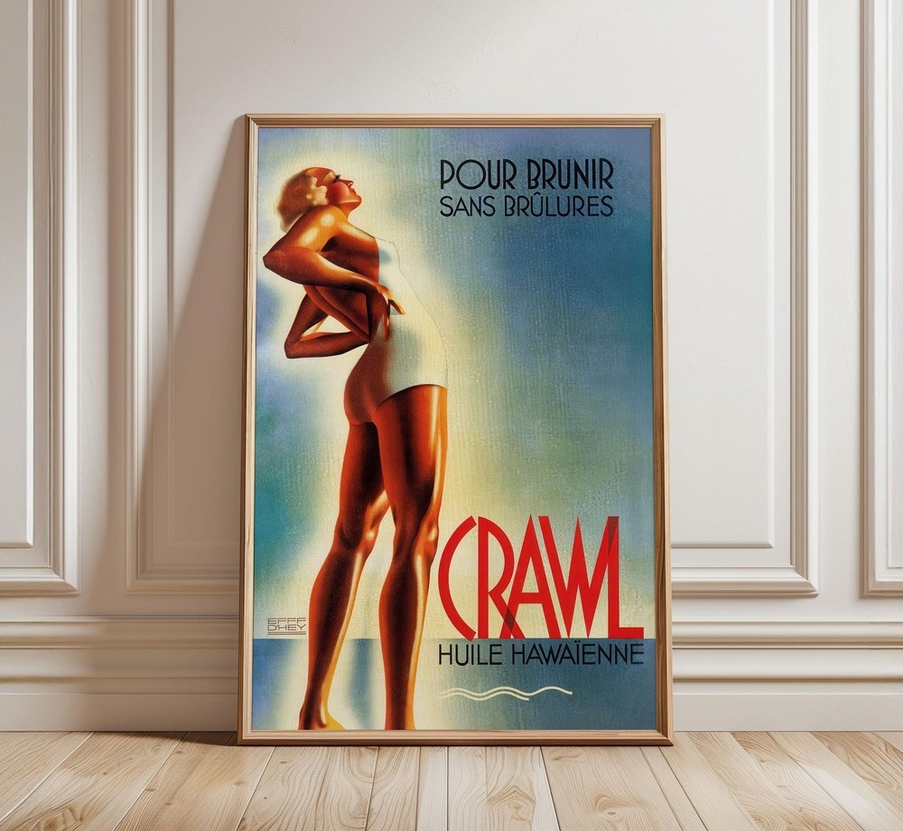 Crawl Tanning Lotion Vintage Poster Retro Beach Woman Illustration Art Decor