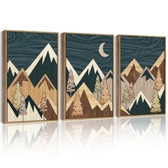 Morden Mountains Framed Wall Art 16x24in Boho Woodcut Pine Tree Forest Nature…