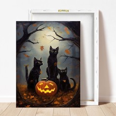 Framed Canvas Three Black Cats Full Moon Pumpkin Fall Dark Forest Vintage Art