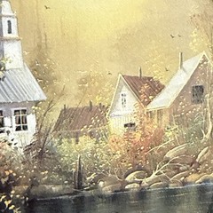 Vintage Homco Gold Oval Framed Church Swan Lake Wall Art Picture #9663 PRINT AZ2
