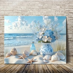 Blue Floral Vase with Seashells & Starfish Ocean Canvas Painting Wall Poster