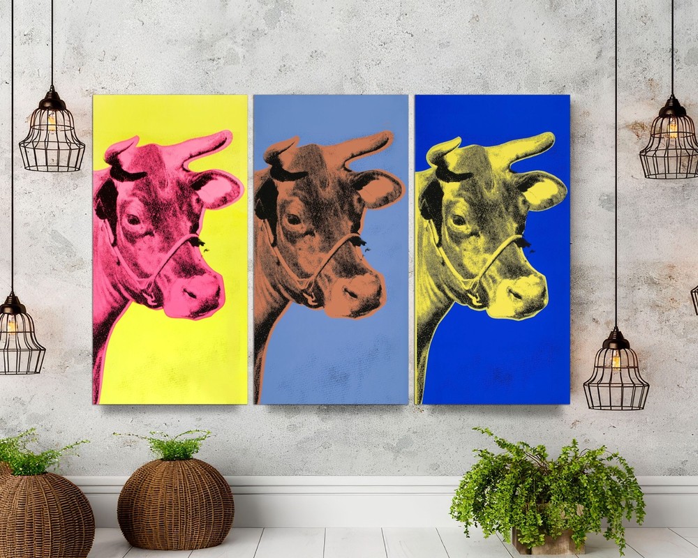 Andy Warhol Cow Pop Art Canvas Print, Large 3 – Panel Wall Art, Ready to Hang