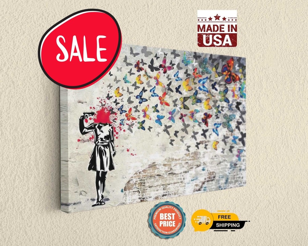 Headshot Butterfly Girl by Banksy – Home Decor Street Art Ready to Hang Canvas