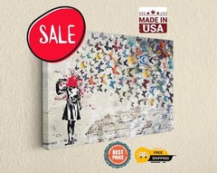 Headshot Butterfly Girl by Banksy – Home Decor Street Art Ready to Hang Canvas