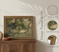 Vintage Gold Frame Romantic Swan Canvas Wall Art Classical Lake Couple Swan W…
