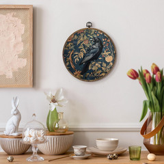 Vintage Raven Crow Round Wall Art Framed, Raven Botanical Wall Art, Cottagecore