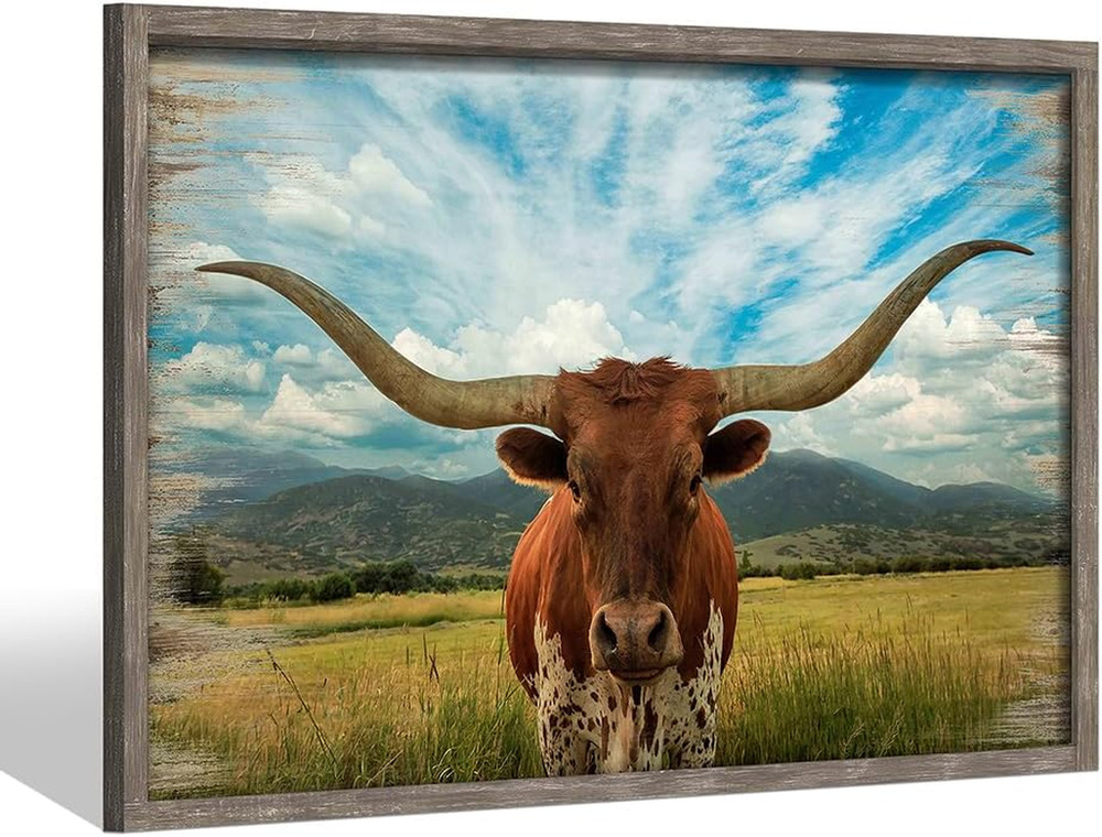 Rustic Texas Longhorn Cattle Wall Art – Framed Farmhouse Decor 48”X32”