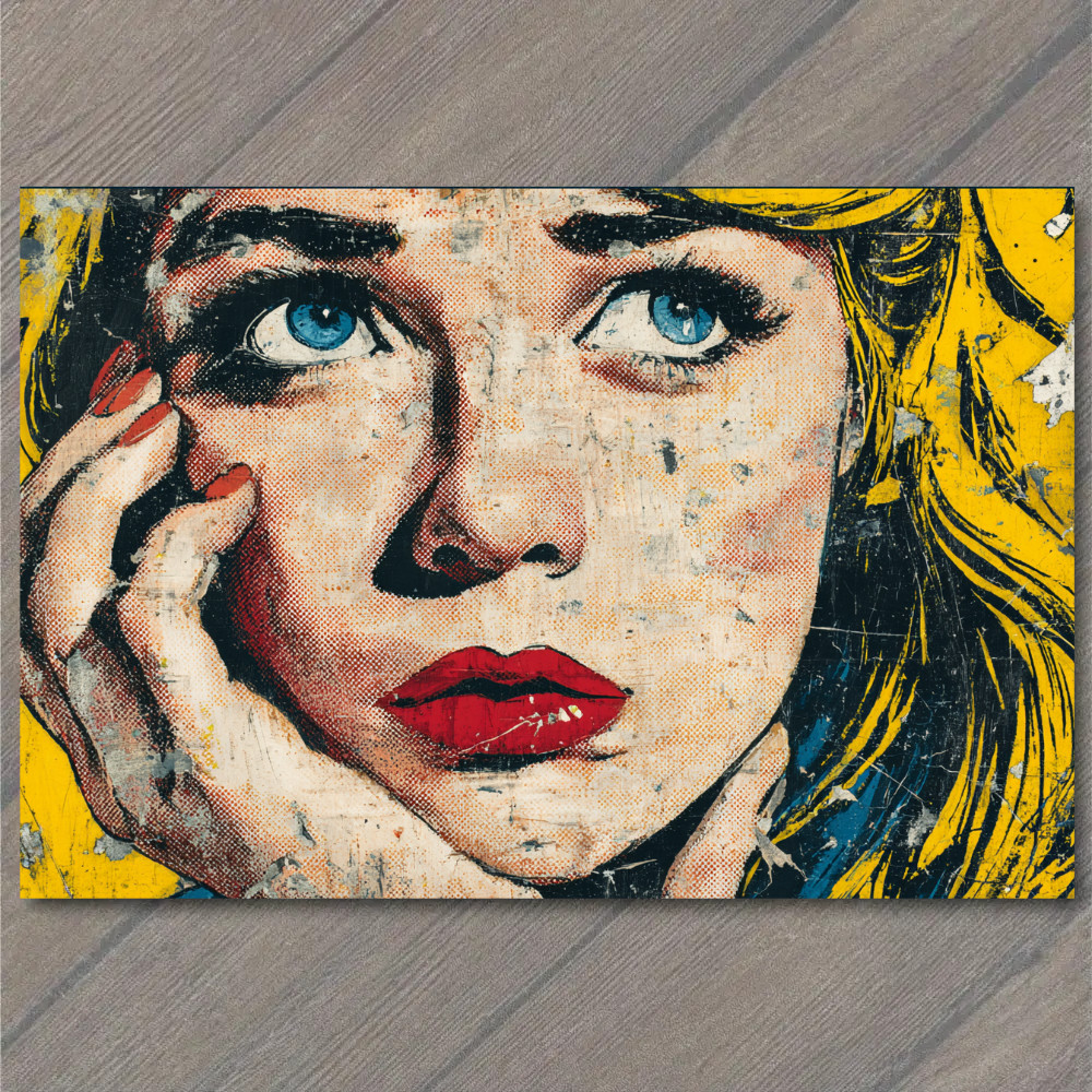Art Print Pop Look Woman Blue Eyes Blonde Hair Distressed Retro