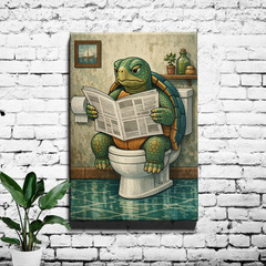 Sea Turtle Reading Newspaper Framed Canvas Fun Wall Art
