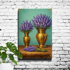 French Country Lavender Still Life Brass Vases Oil Style Decorative Canvas Print