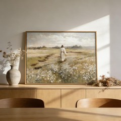 Framed Jesus Canvas Wall Art Jesus Walking In Field Painting Rustic Christian…