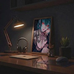 Cyberpunk Anime Girl Poster, Gothic Red Eyes Manga Art, Black White Wall Decor