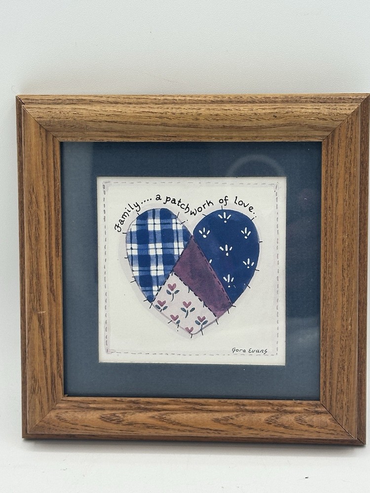 VTG Picture 6″ Heart «Family..A Patchwork of Love» Art Peaceful Family Oak Frame