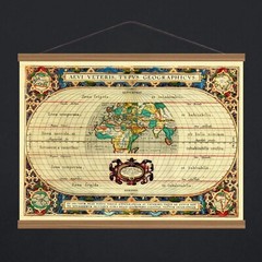 Ancient 1590 Old Antique World Maps; 100% Cotton Canvas, Magnetic Wooden Hanger