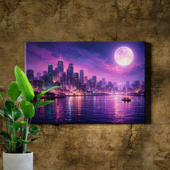 Unframed Canvas Art Print Futuristic Neon City Skyline Waterfront at Twilight