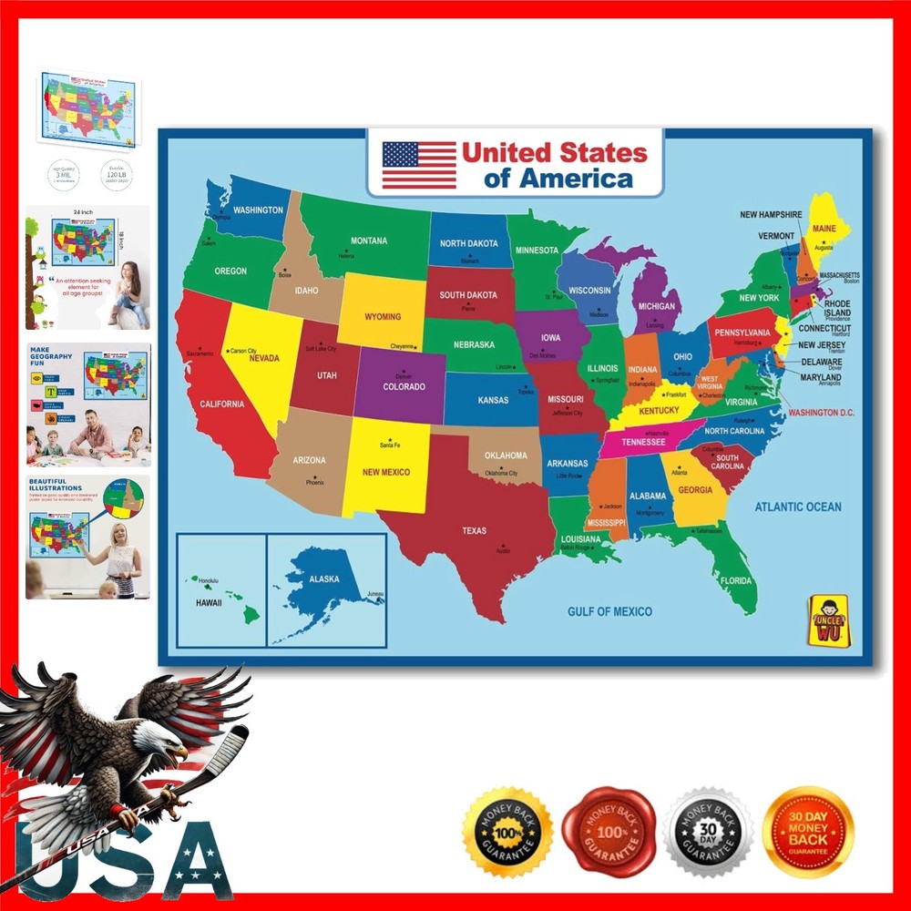 Interactive USA Political Map – 18 x 24 Double-Sided Laminated for Kids & Adults