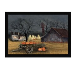 Fall Barn and White House with Pumpkins Country Art Wood Framed Picture Print