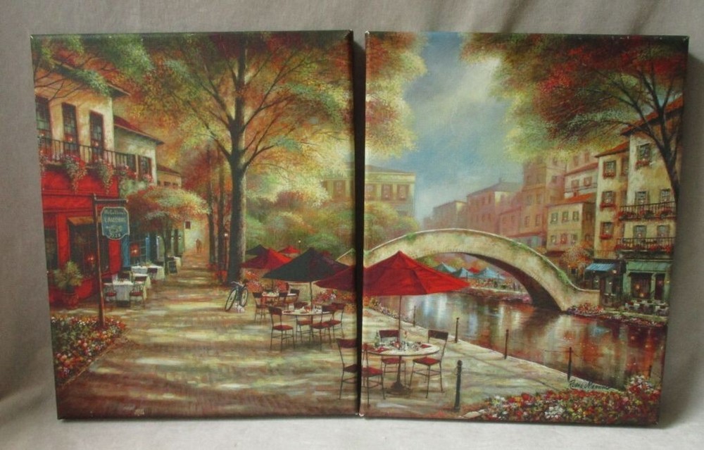 2 Paris Wall Art Prints Canvas on Wood Frame Parisian Scenes by Ruane Manning