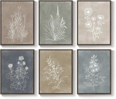 Framed Neutral Botanical Wall Art Set for Living Room, Vintage Minimalist Flo…