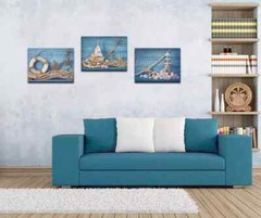 3 Piece Beach Canvas Wall Art Seashell Starfish with Blue Board Picture 1J