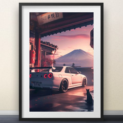 Skyline R34 GTR Poster Mount Fuji Sunset Japanese JDM Wall Decor