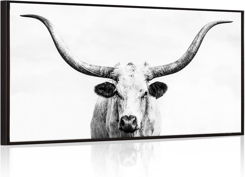 Large Longhorn Cow Canvas Wall Art with Black Floater Frame for Home Decor