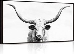 Large Longhorn Cow Canvas Wall Art with Black Floater Frame for Home Decor