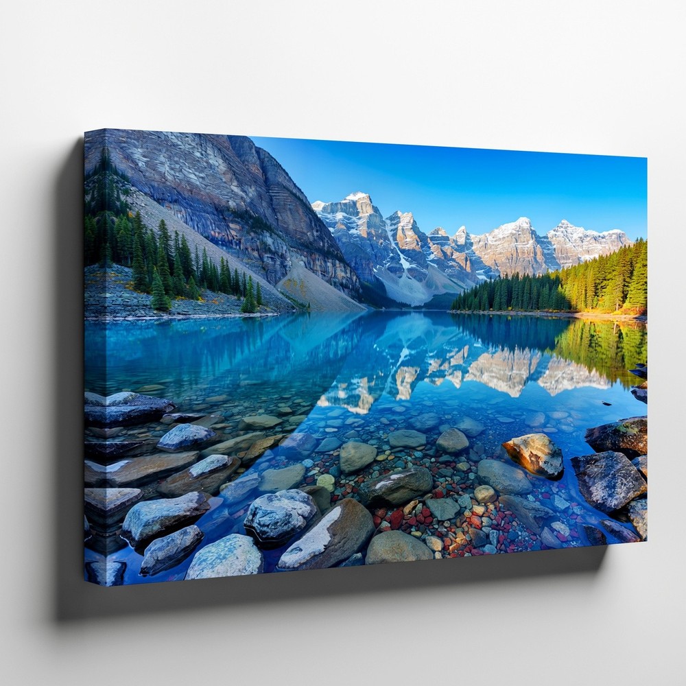 Mountain Lake Landscape Canvas Wall Art with Clear Water Reflection Nature Print