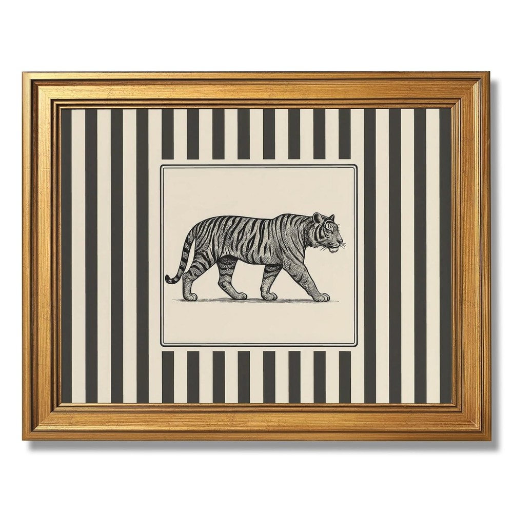 Gold Framed Vintage Tiger Wall Art Black and White Striped Wild Animal Poster…