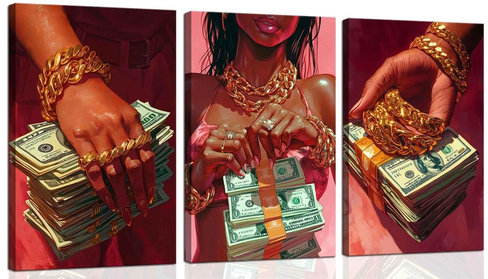 3Pcs Black Girl Canvas Wall Art Red Black Money Wall Decor Pictures Modern Pi…