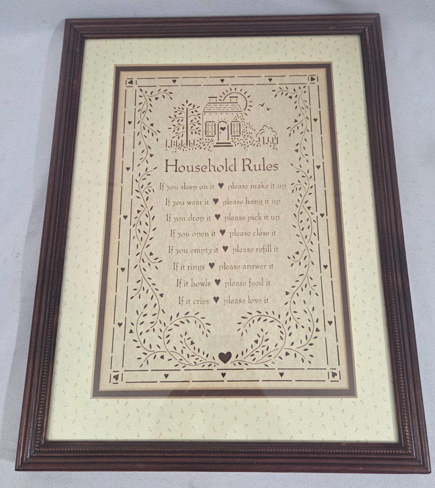 Vintage Figi Graphics Framed Wall Art Household Rules Farmhouse Country Decor