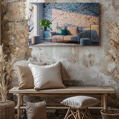 In A Modern Living Room, A Plush Light Gray Sofa, Accented Wall Art Canvas Print