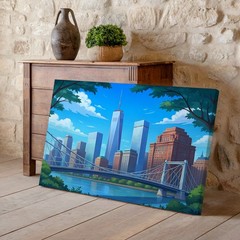 Modern City Skyline Canvas Wall Art with Bridge and River Urban Landscape Print