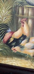 Vtg Rooster Chickens Farm Life Oil Painting on Canvas Frame 30X20.5″ Art 25X16″
