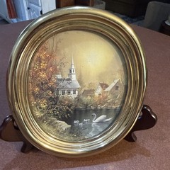 Vintage Homco Gold Oval Framed Church Swan Lake Wall Art Picture #9663 PRINT AZ2