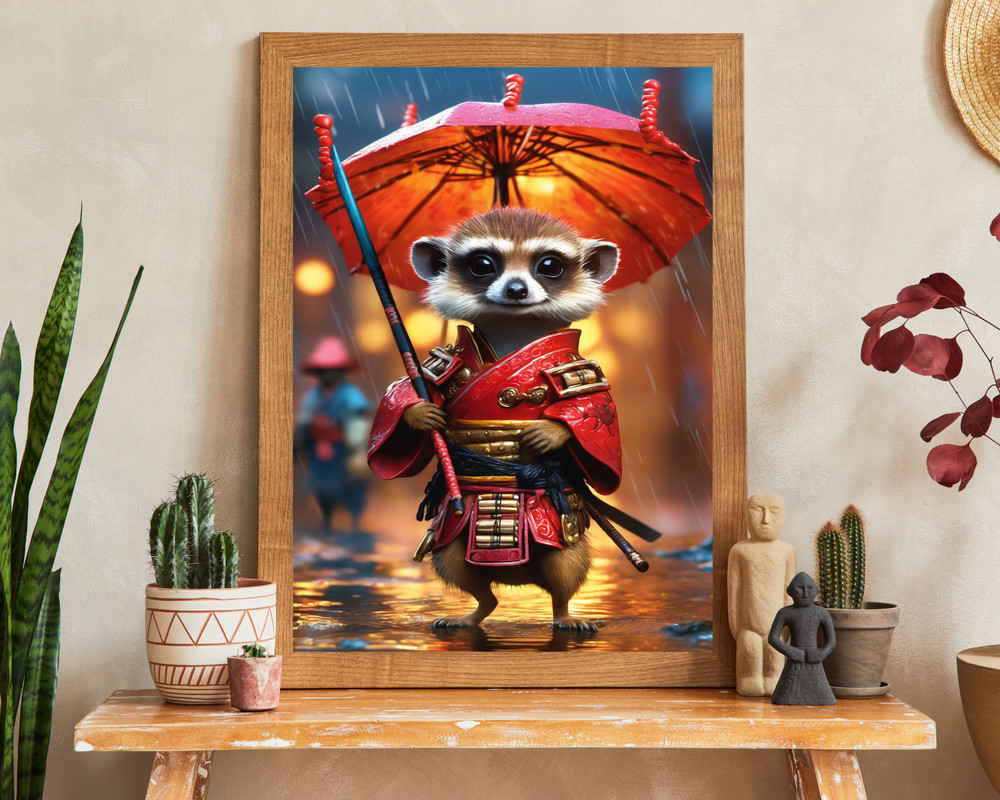 Cute Samurai Meerkat Printable Wall Art, Samurai Portrait, Meerkat Digital Art