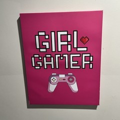 Girl Gamer Framed Canvas Print Pink White Black Modern Game Room Art