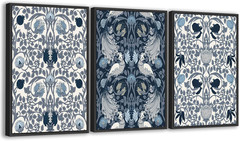Navy Blue William Morris Style Canvas Art Set – 3 Piece Framed Decor 24″x36