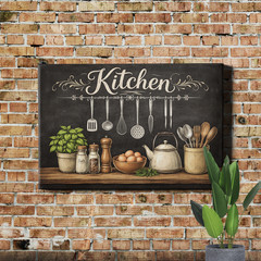Vintage Kitchen Utensils Wall Art chalkboard style rustic tabletop illustration