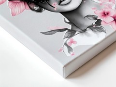 Wall Art Woman Face Portrait with Pink Flowers Black Butterflies Floral Print