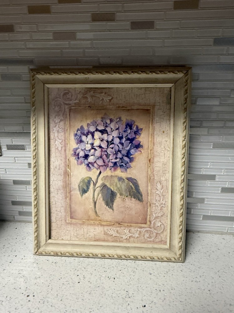 Home Interiors and Gifts Framed Hydrangea Floral Print Vintage Purple Green