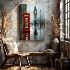 Wall Art London Rainy Street Big Clock Red Telephone Booth Canvas Print Decor