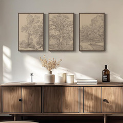 Framed Vintage Tree Sketch Wall Art Set of 3 Neutral Brown Canvas 16×24 Inch